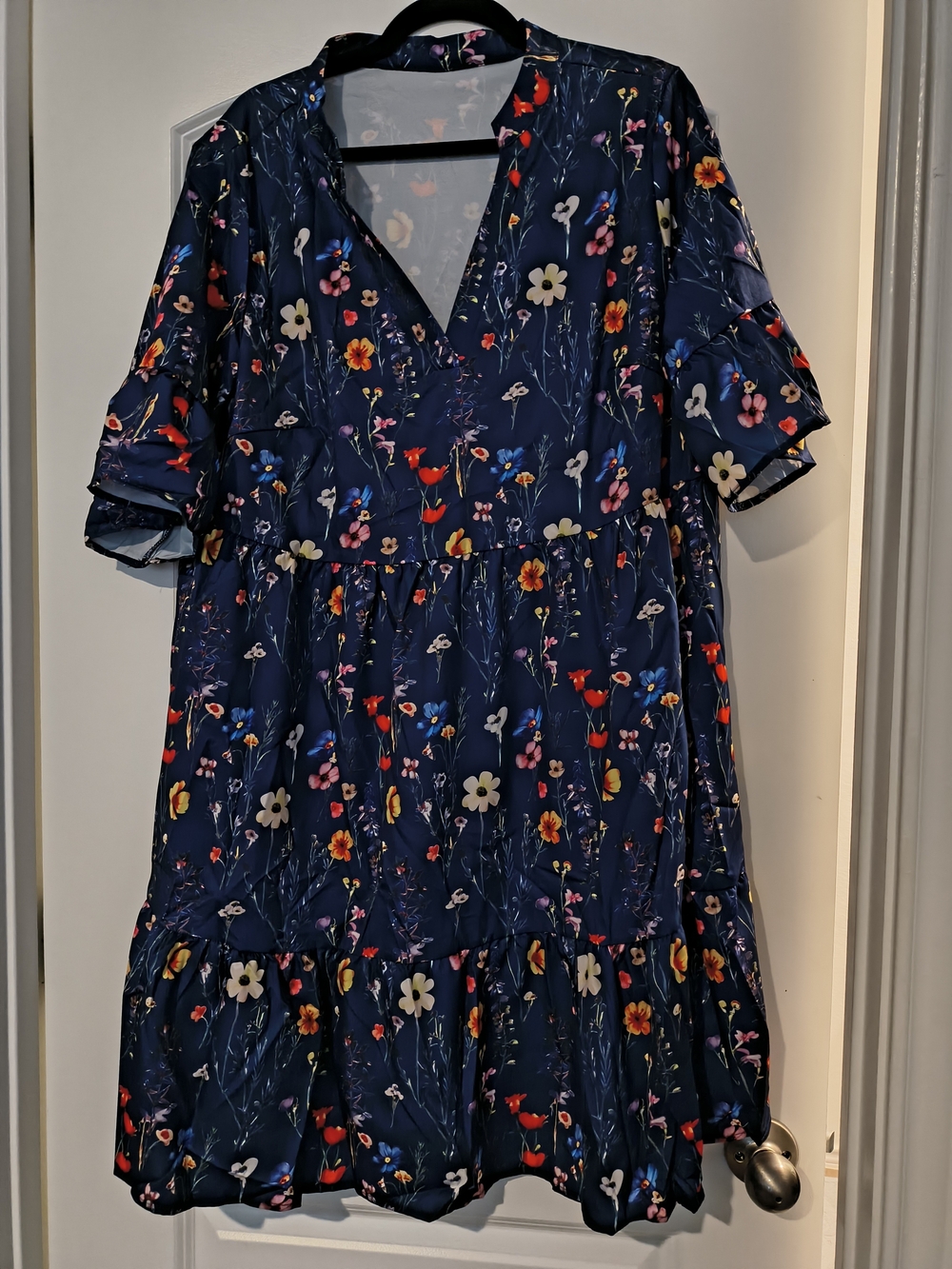 SHEIN Navy Floral V-Neck Tiered Midi Dress